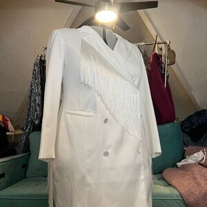 White Fringe Double-Breasted Blazer Coat